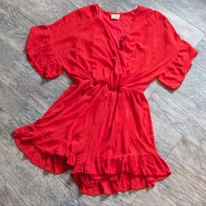 Peach Love California Bold Orange Surplice V-neck Flutter sleeve Ruffle Romper L